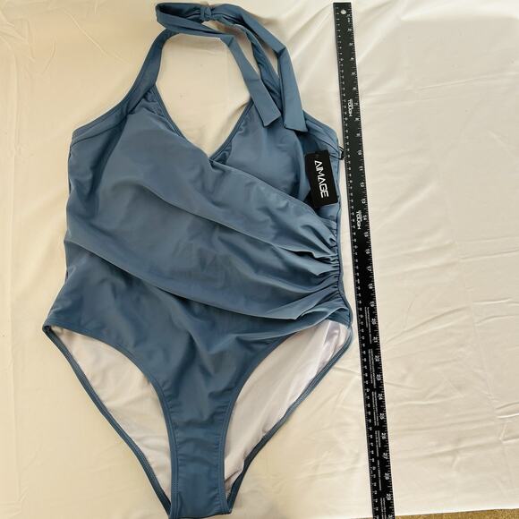 NEW Aimage Bathing Suit Women's One Piece V-Neck Dusty Blue Size XL NWT Lined - Picture 4 of 10